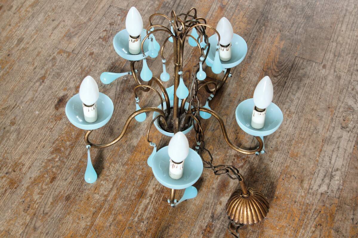 5-light chandelier in brass and blue opaline, 1950s