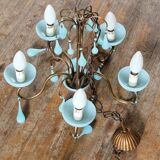Lustre 5 feux en laiton et opaline bleue, années 50