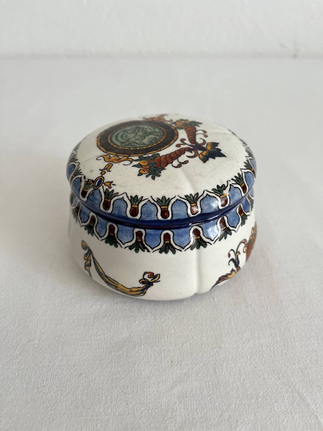 Antique Gien earthenware candy box with Renaissance decor