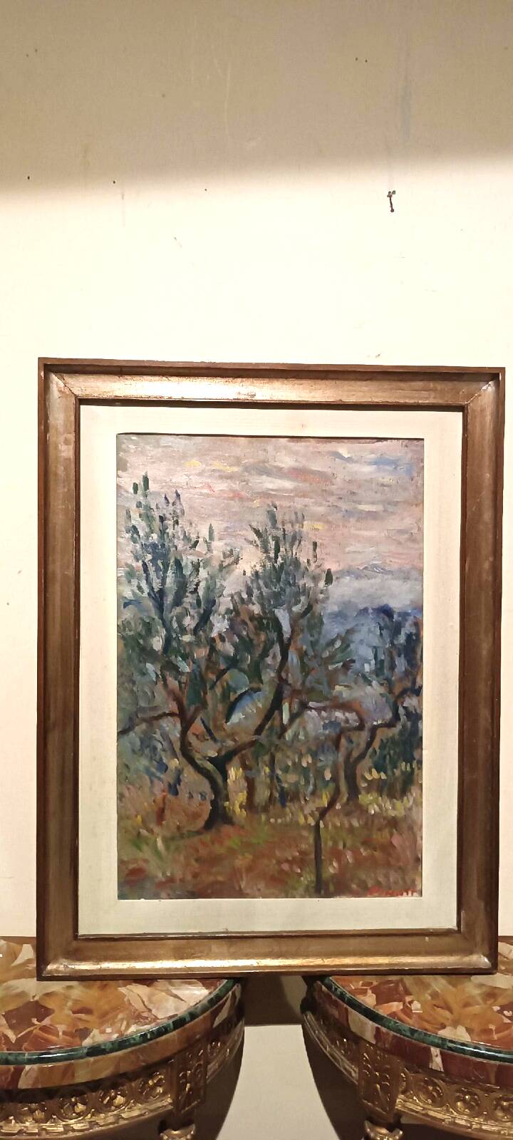 Oil painting on canvas, landscape, trees, Christine Oswalt, fishermen