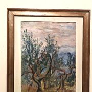 Oil painting on canvas, landscape, trees, Christine Oswalt, fishermen