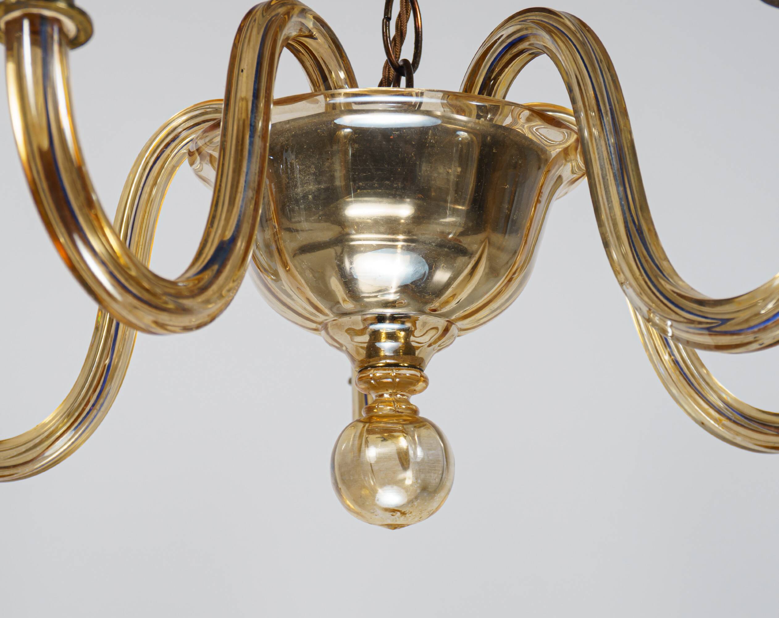 Vintage Murano 5-Arm Ribbed Topaz Glass Chandelier Pendant Lamp