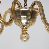 Vintage Murano 5-Arm Ribbed Topaz Glass Chandelier Pendant Lamp