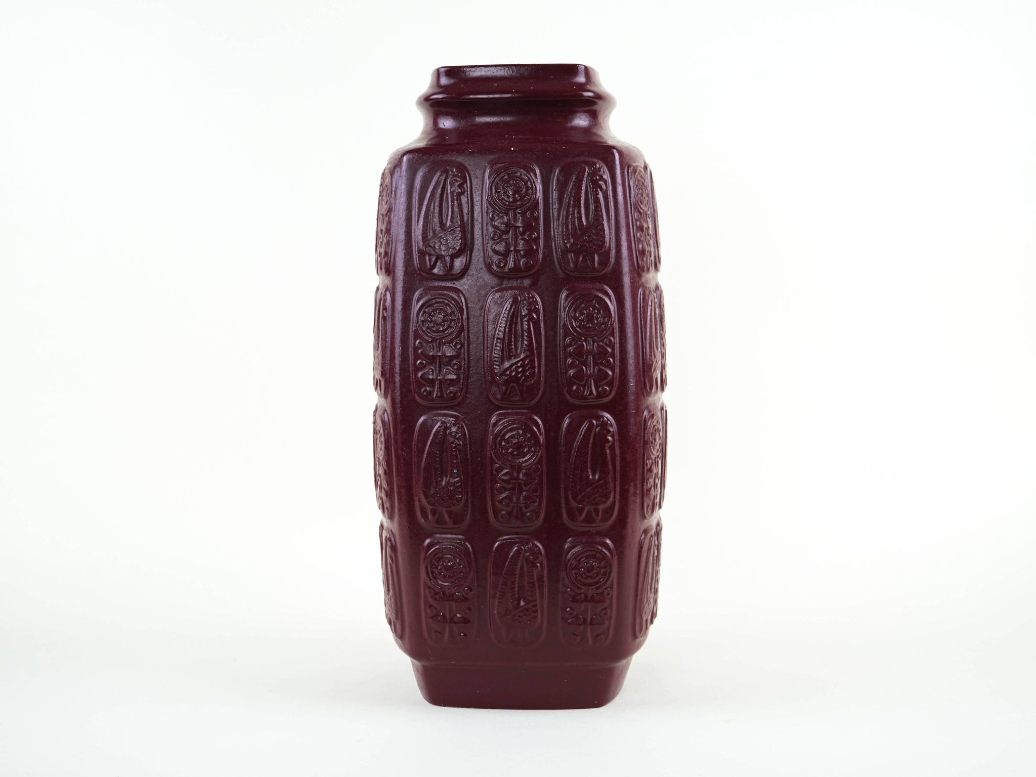 Bay Keramik ceramic vase with floral relief, burgundy glaze, Germany, 1970s