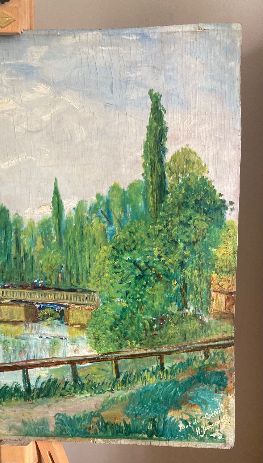 Oil painting on panel The bridge of Créteil signed H.Jaquemart nineteenth century