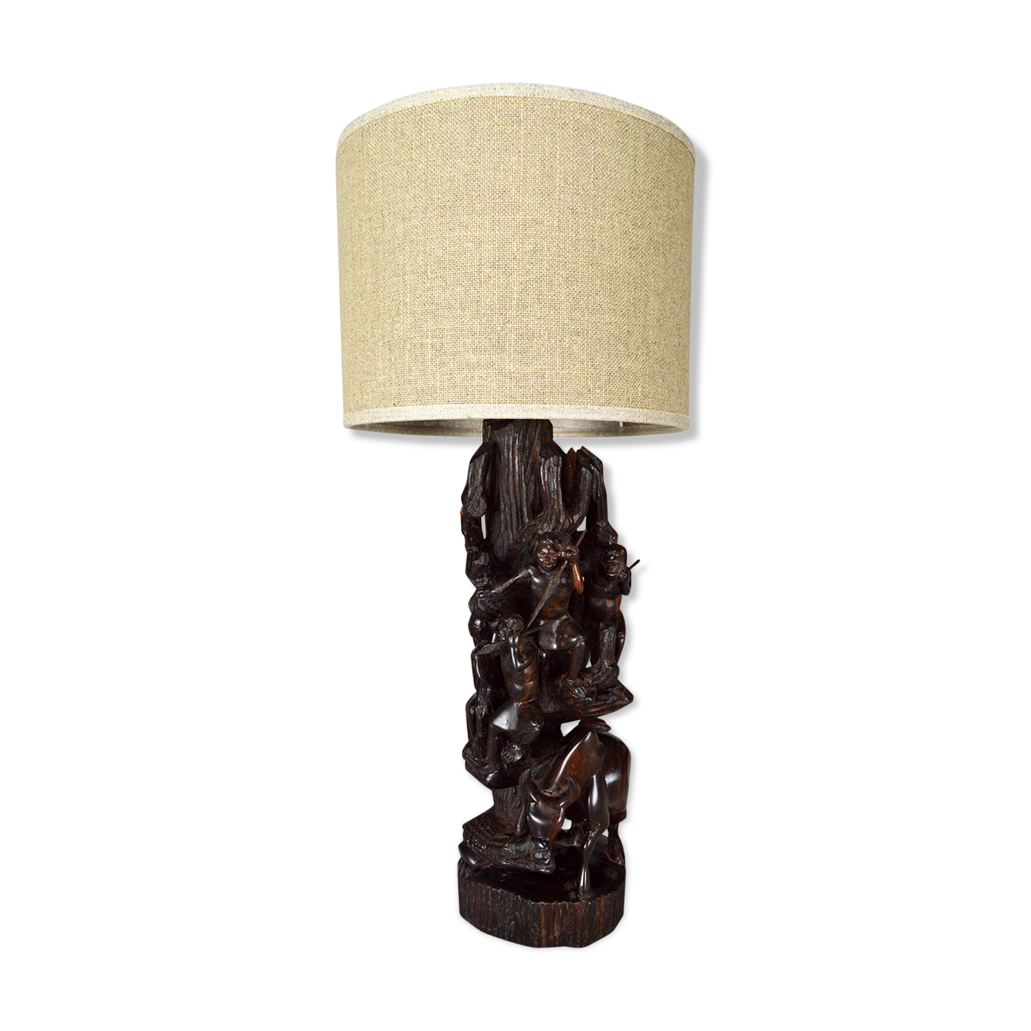 African carved ebony lamp, "Hunters, buffalo and crocodile"