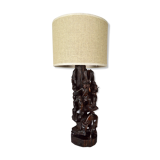 African carved ebony lamp, "Hunters, buffalo and crocodile"