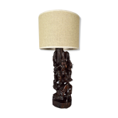 African carved ebony lamp, "Hunters, buffalo and crocodile"