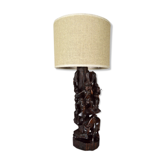 Lampe africaine en ébène sculpté, "Chasseurs, buffle et crocodile"
