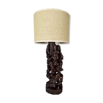 African carved ebony lamp, "Hunters, buffalo and crocodile"