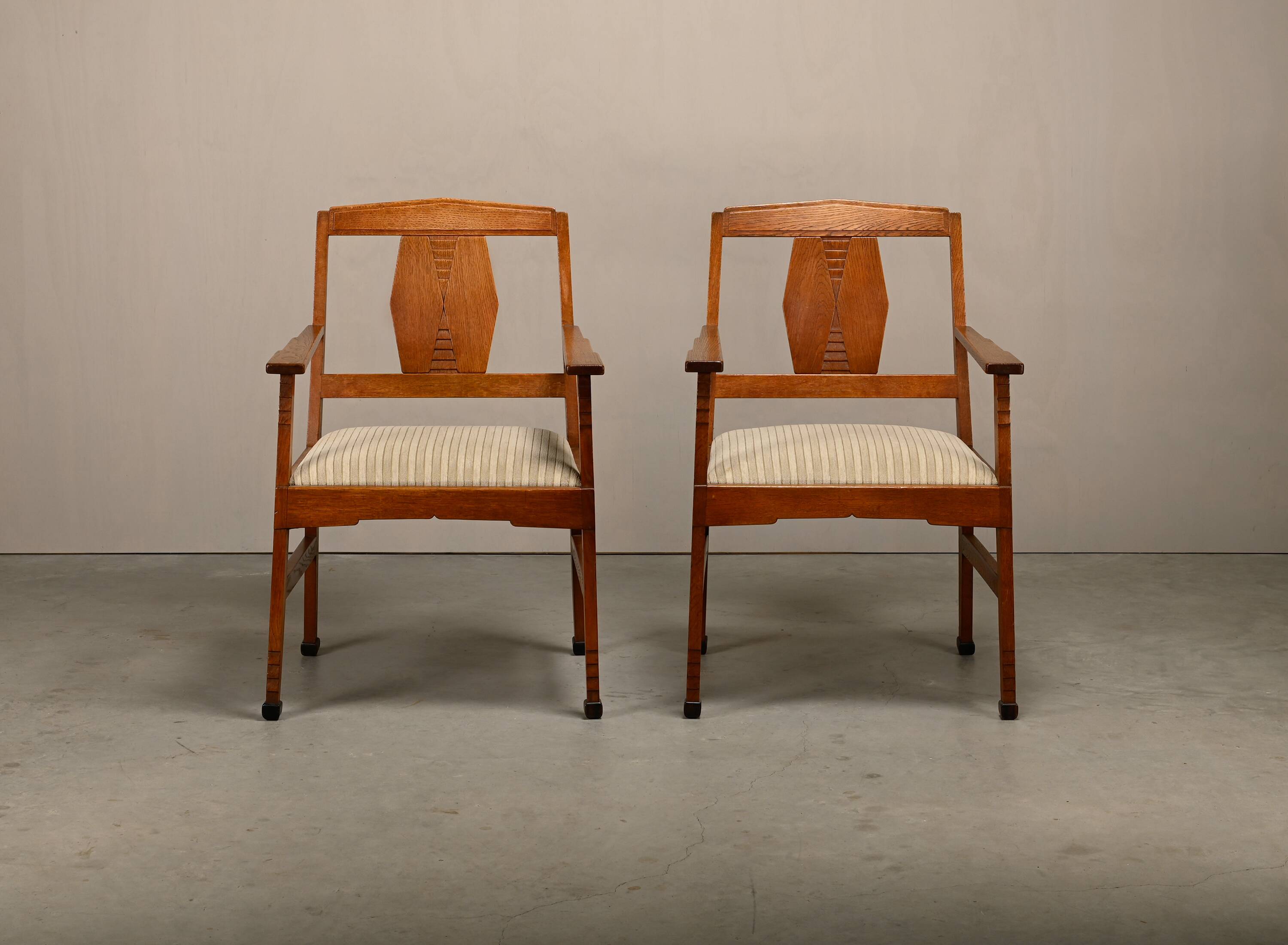 Dutch Art Deco Amsterdam School Armchairs in solid Oak and striped fabric