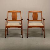 Dutch Art Deco Amsterdam School Armchairs in solid Oak and striped fabric