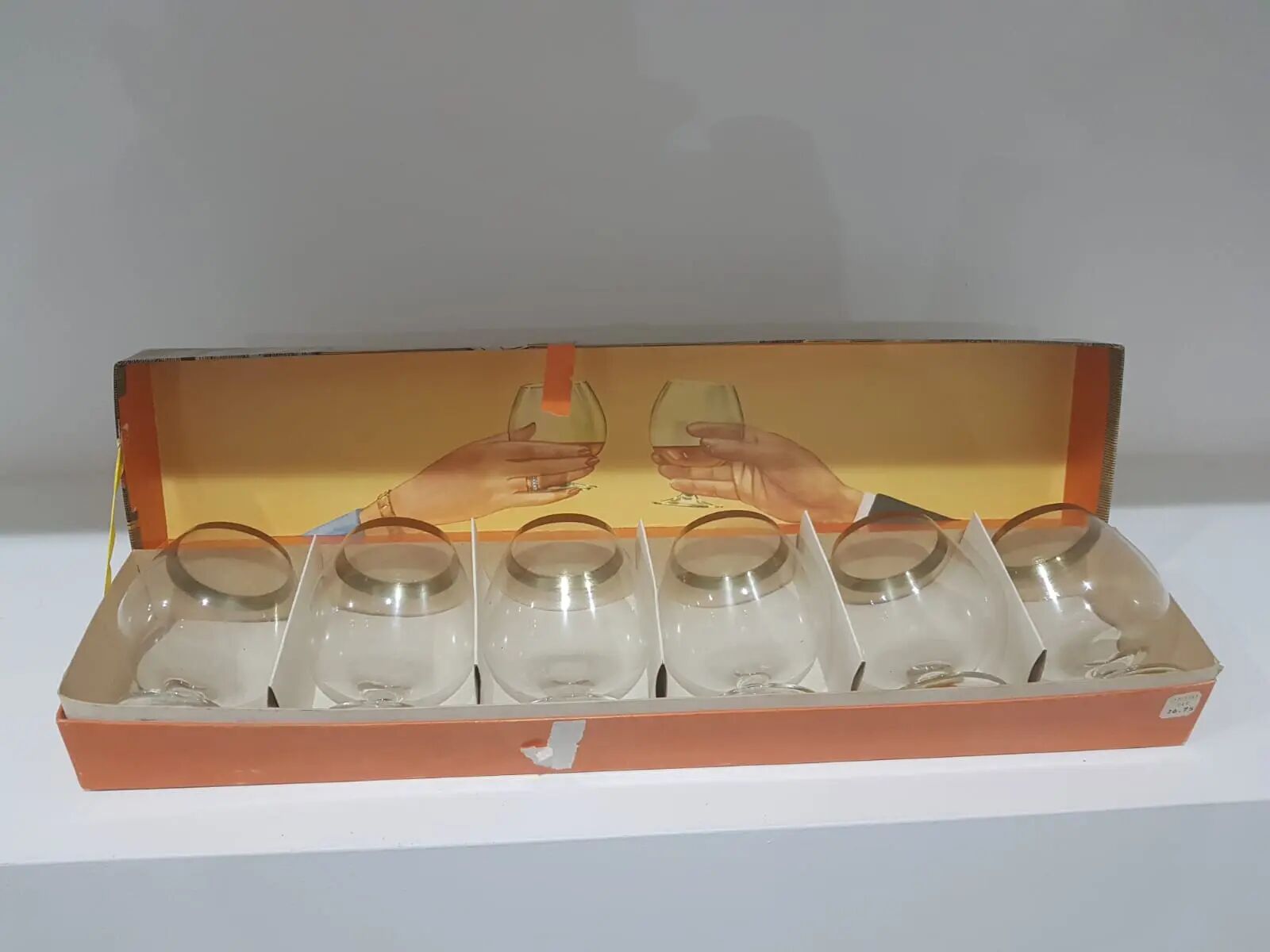 Set of 6 cognac glasses, clear glass, gilding / Austria / 1960s.