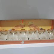 Set of 6 cognac glasses, clear glass, gilding / Austria / 1960s.