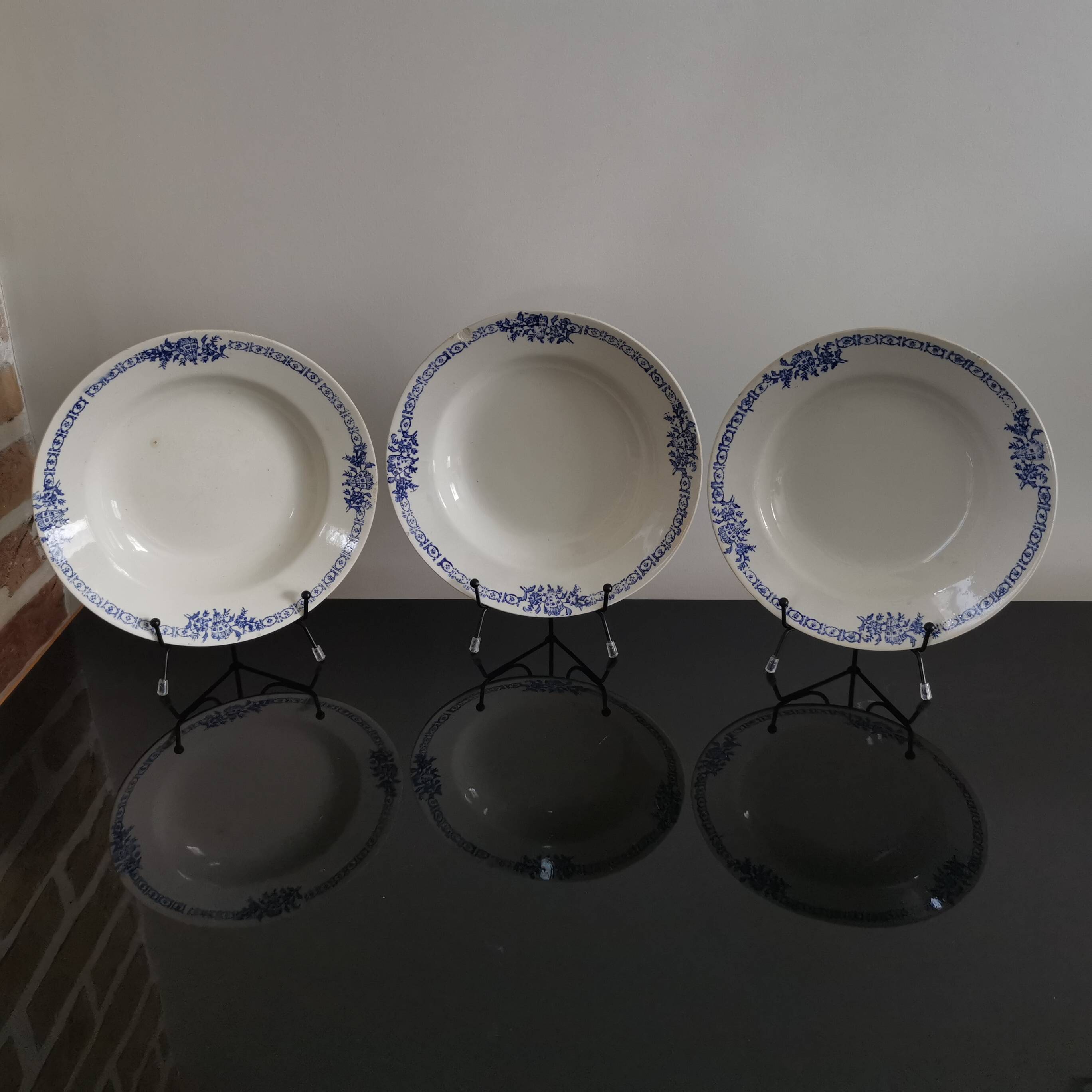 3 soup plates with blue frieze & St Amand fans