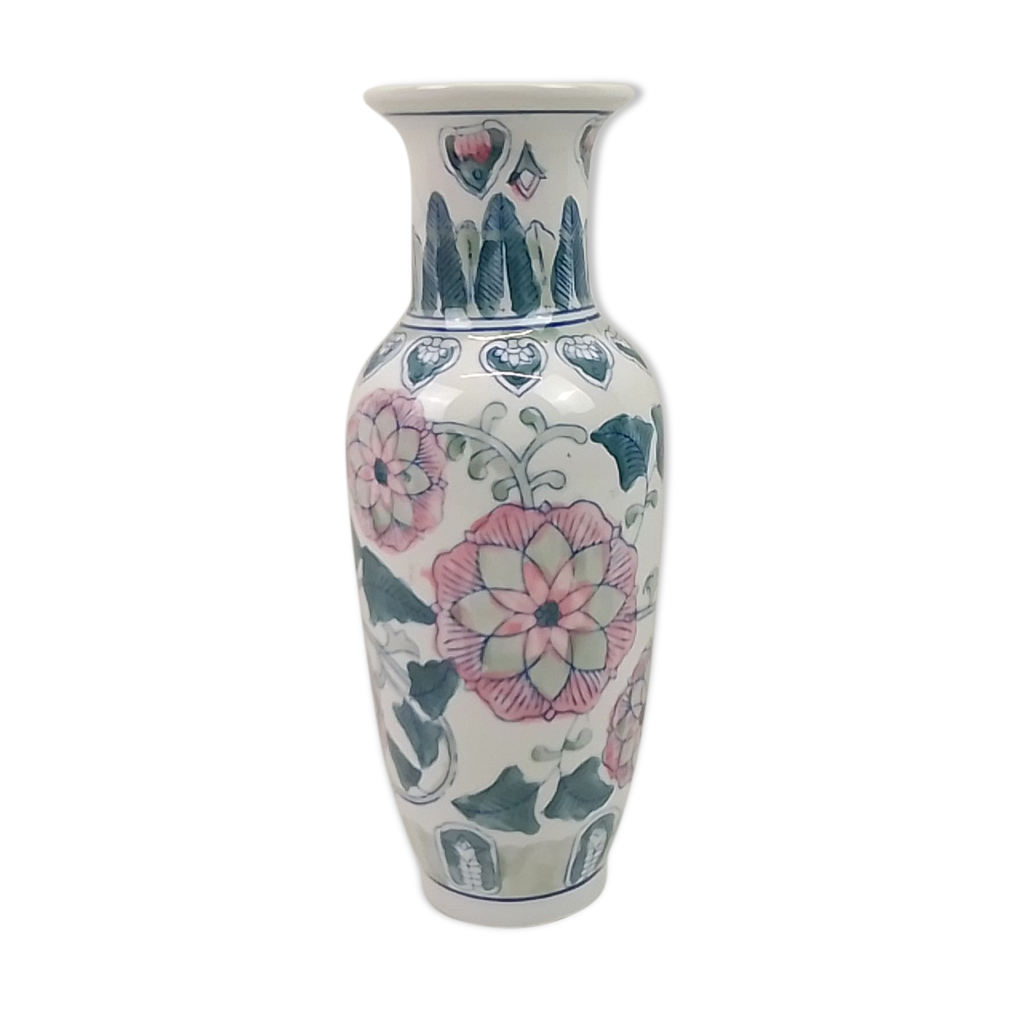 Ceramic vase white deco pink and green flowers 30cm