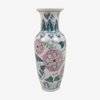 Ceramic vase white deco pink and green flowers 30cm