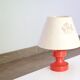 Red wooden lamp with herbarium-style lampshade from the 70s