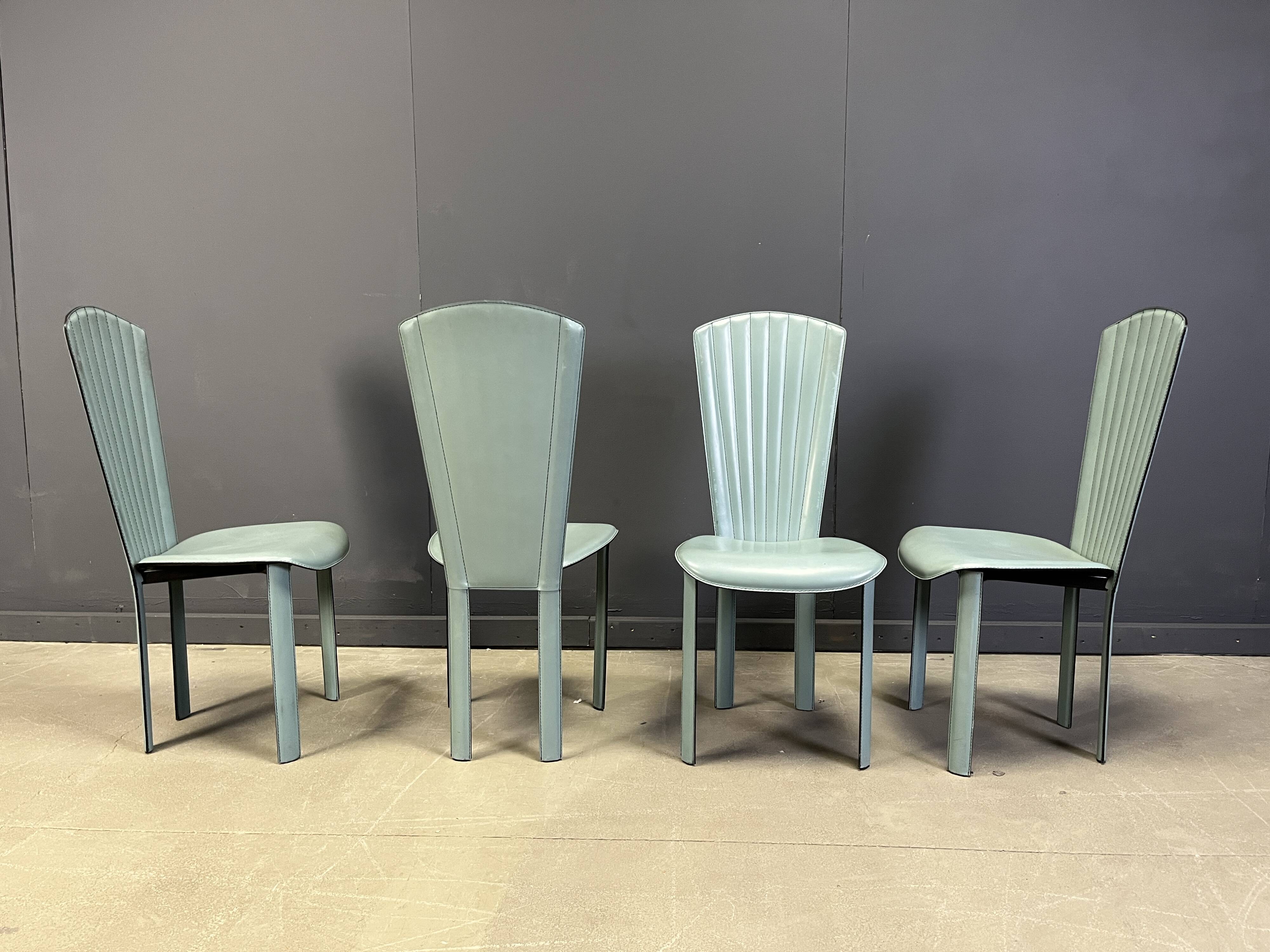 Postmodern green leather dining chairs, 1980s