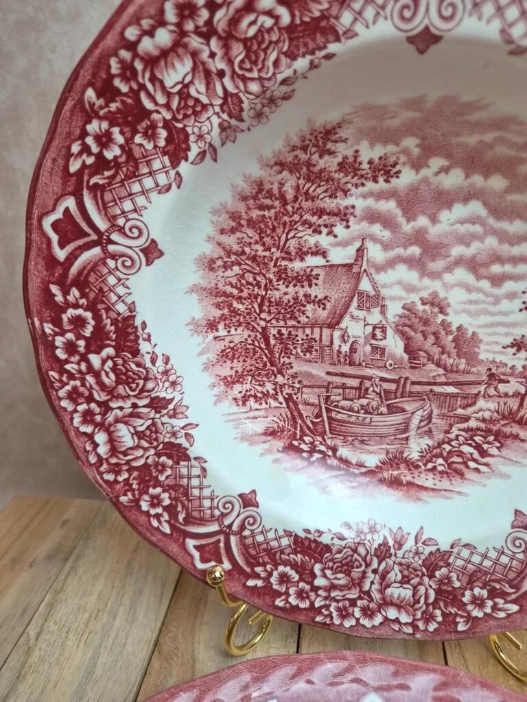 2 vintage deep plates in red Toile de Jouy by Grindley Homeland Staffordshire England.