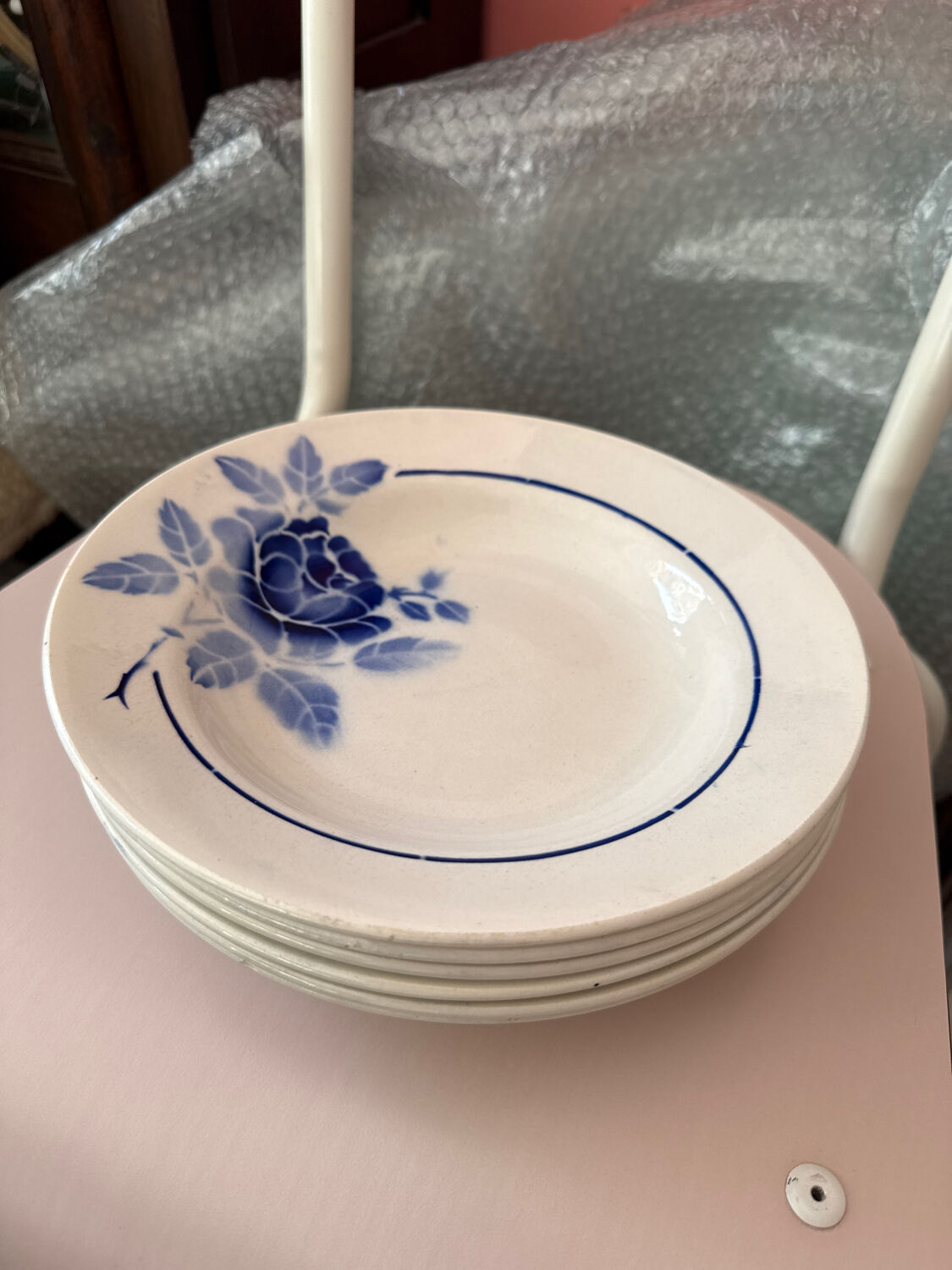 Set of 6 blue ironstone deep plates.