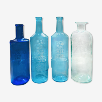 Lot of blue bottles: ricard pastis 51, spanish water, molded glass