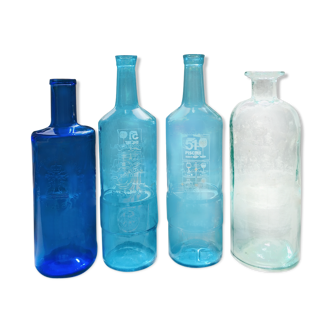 Lot of blue bottles: ricard pastis 51, spanish water, molded glass