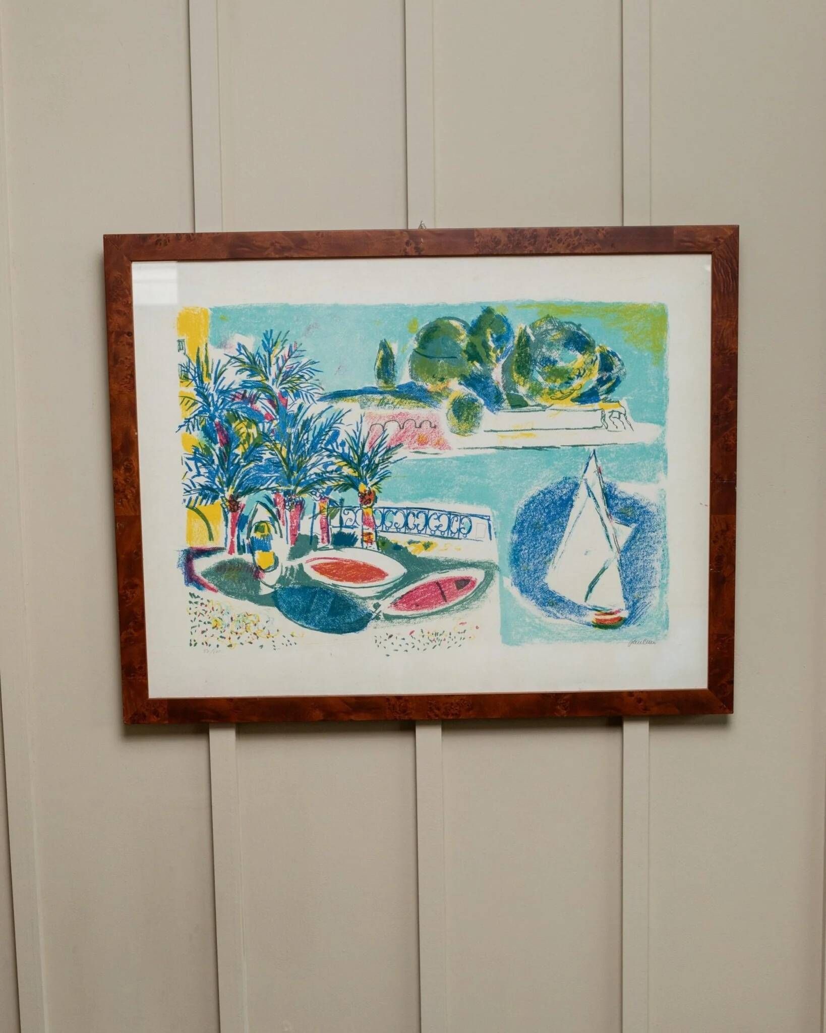 Vintage lithograph by Enrico Paolucci (1901-1999) – Beach motif – Colourful work, 70s style, wall art, unique decoration, gift idea.