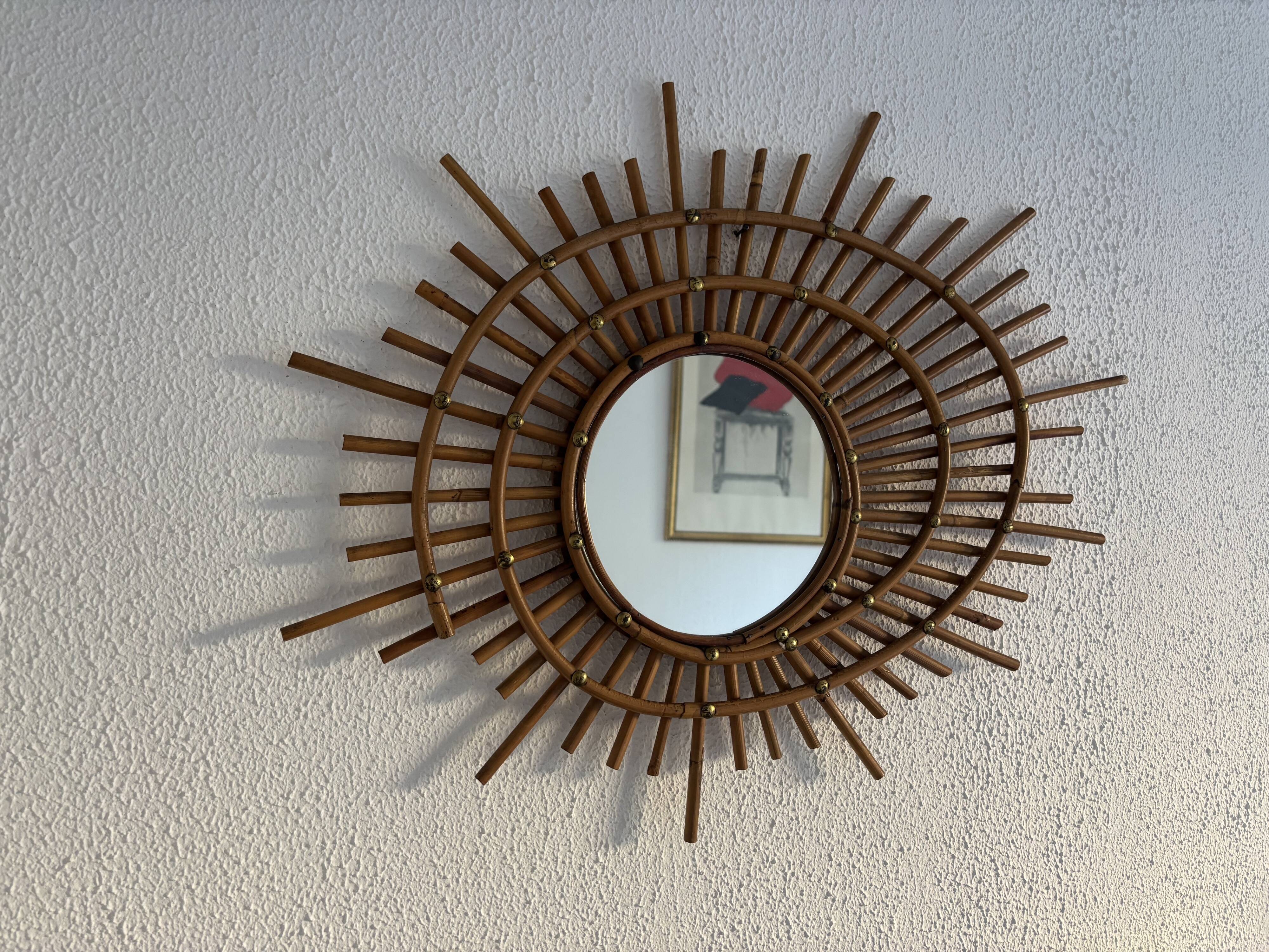 Vintage 1960s sun mirror, rattan, ORTF style, spiral eye - 66 x 50 cm