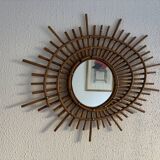 Vintage 1960s sun mirror, rattan, ORTF style, spiral eye - 66 x 50 cm