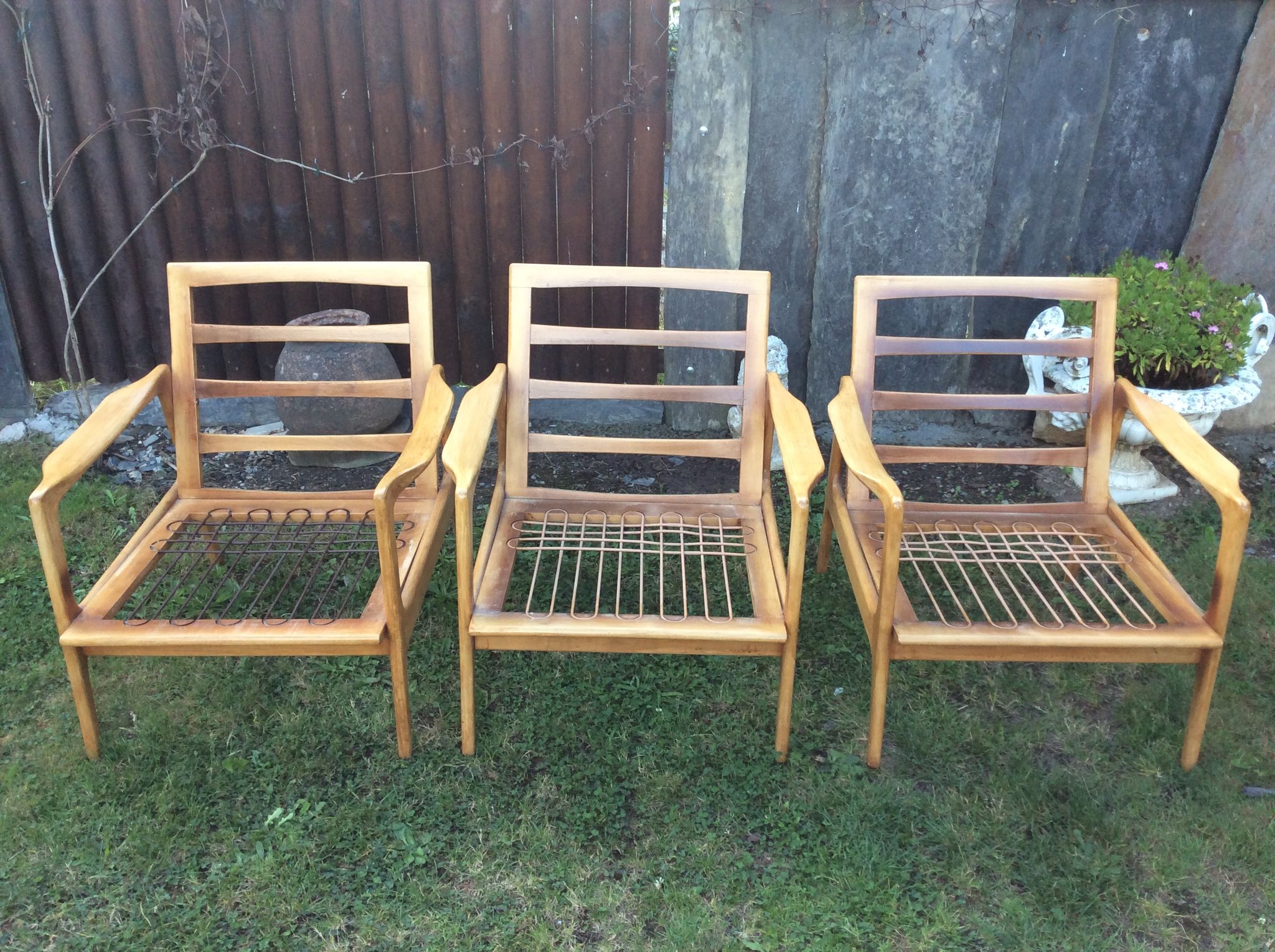 Vintage Scandinavian bench and armchairs of 4 pieces, 1 bench and 3 armchairs.