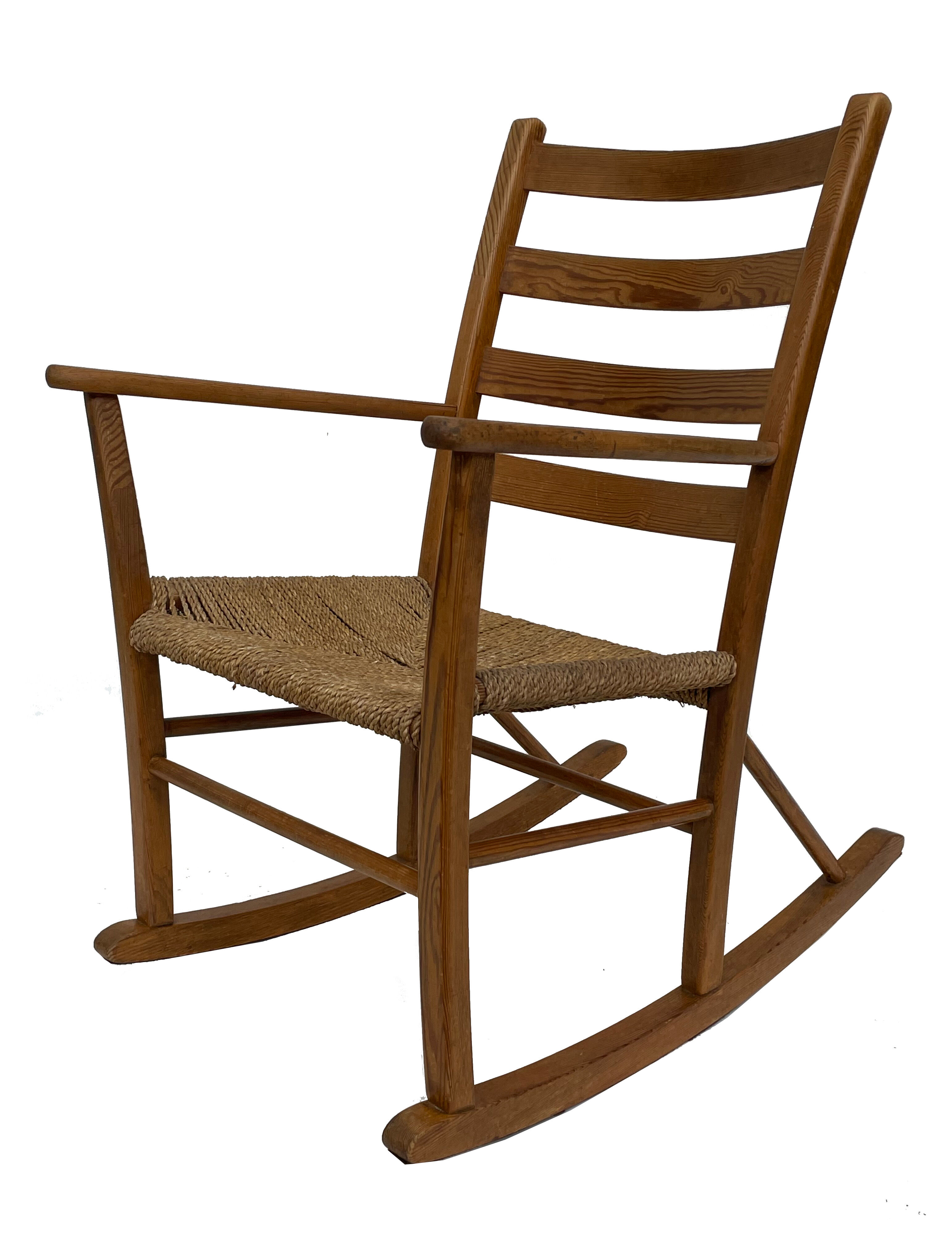Mid century pine & sisal rocking chair, 1950s