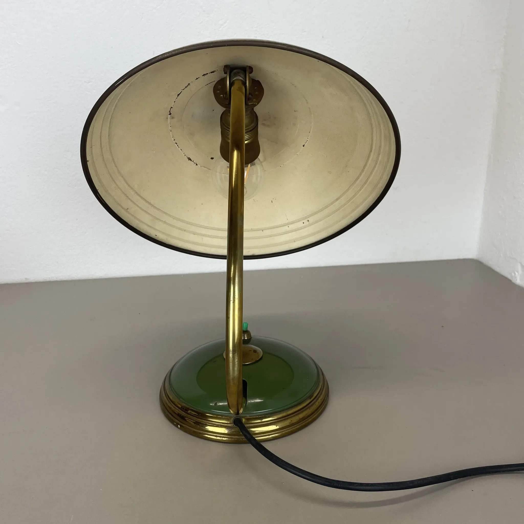 German green bauhaus table lamp in brass and metal by helo lights, germany, 1950s