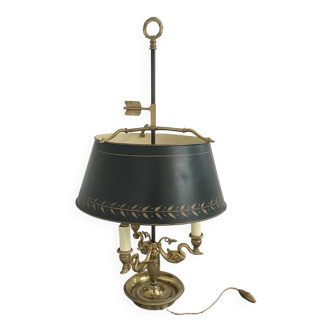 Lampe bouillote, grande, bronze et laiton, 3 feux, cygnes ailés, abat-jour, tôle peinte, laqué vert