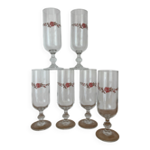 Vintage set of 6 Luminarc champagne flutes with rose flowers.