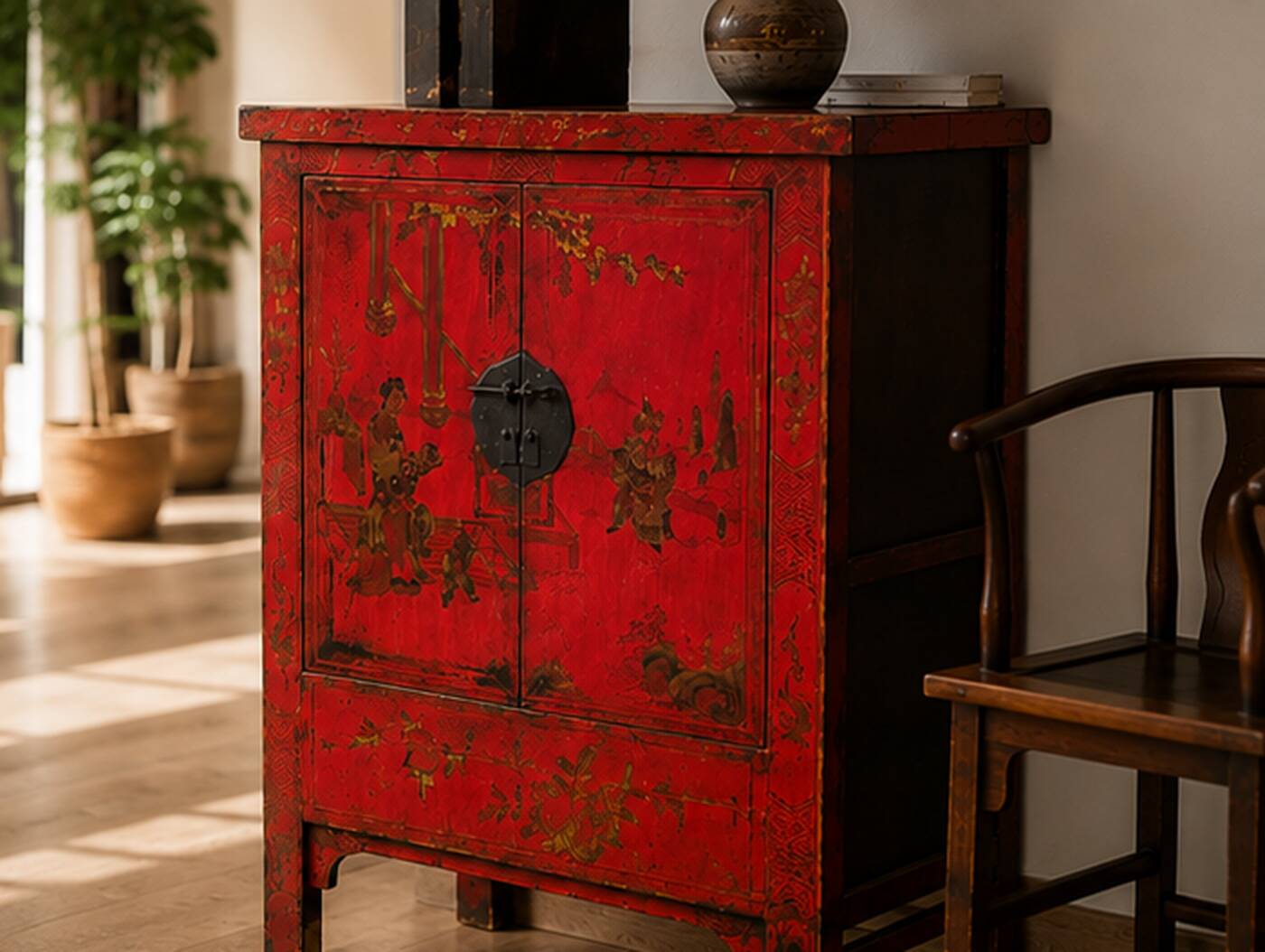 Antique Chinese Red Lacquer Cabinet with Hand-Painted Decorations