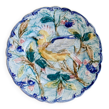 Assiette oiseau antique du XIXe siècle en barbotine de Wasmuël
