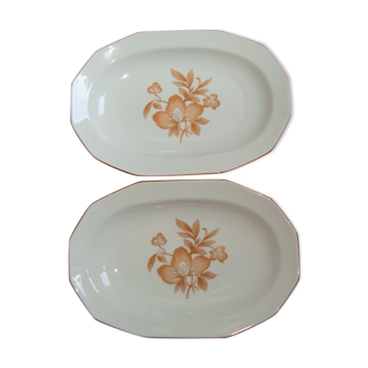 Pair Small Oval Dishes Porcelain White Winterling Bavaria Patterns Flowers Brown