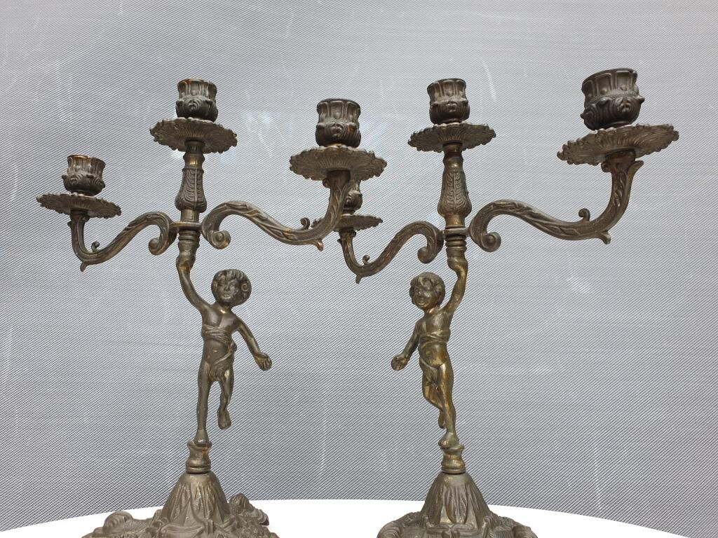 "Il mio bel foco" pair of candlesticks XIXth cherubs 3 torchieres