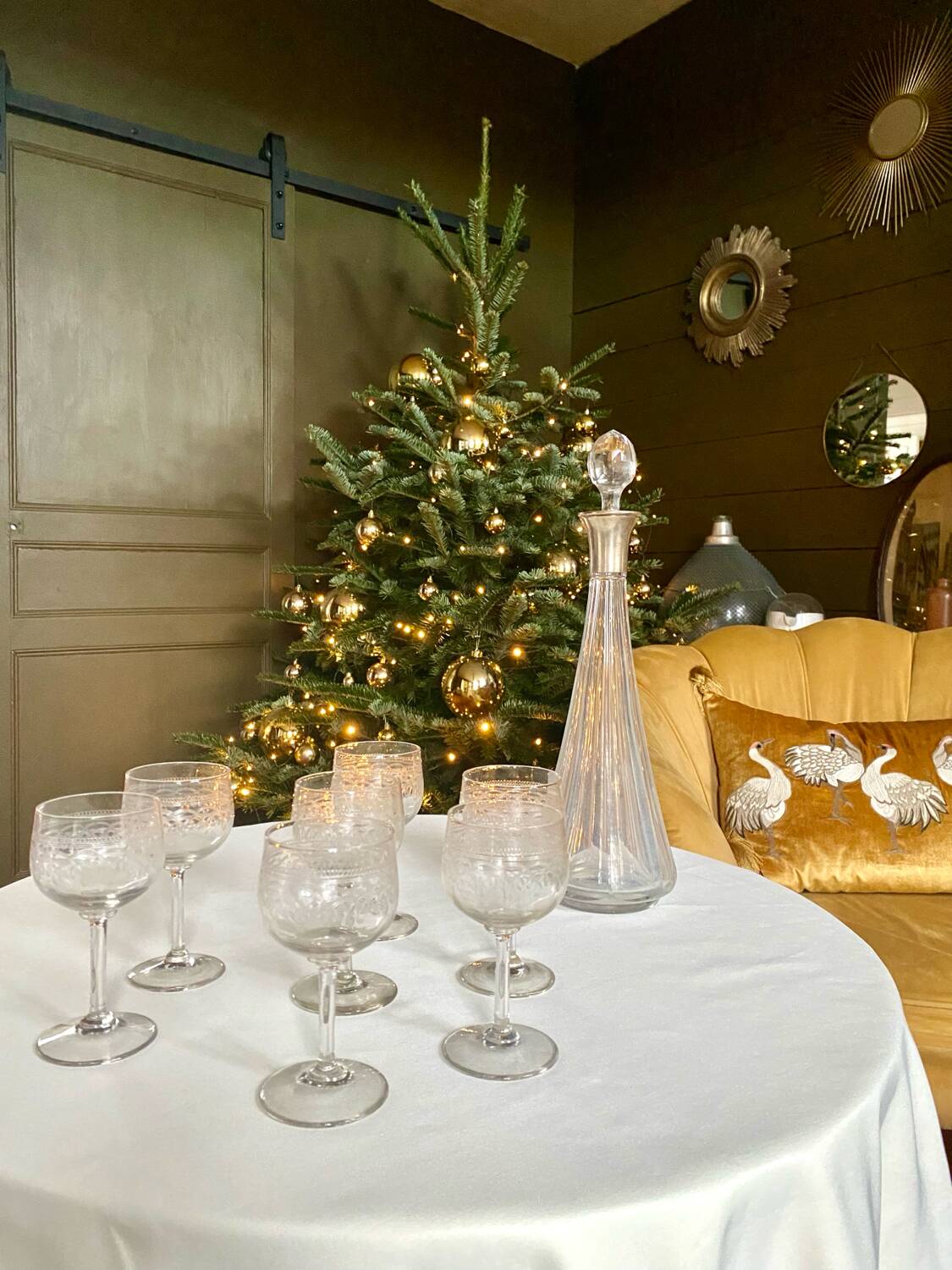 Set of 7 old etched glass stemware