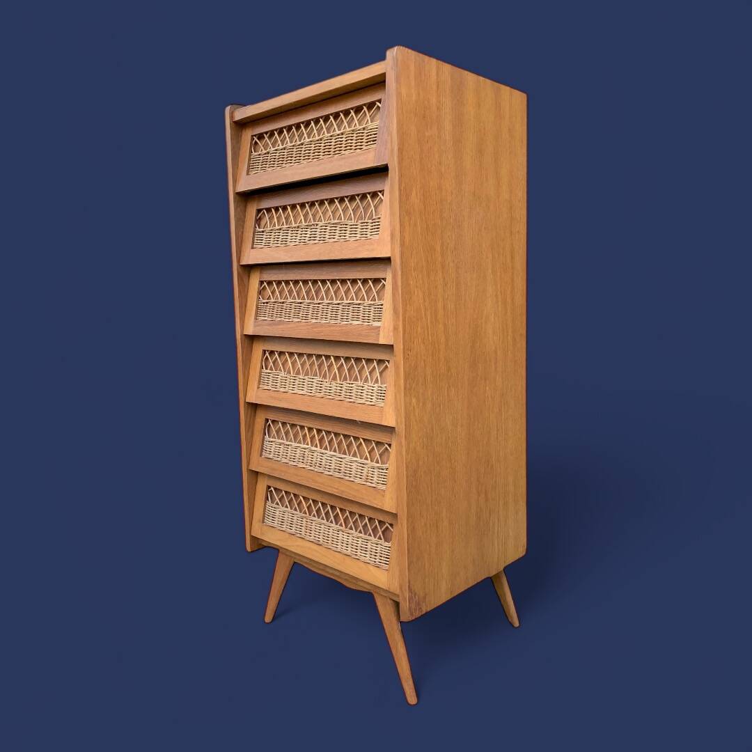 Vintage rattan chiffonier with compass feet 1950