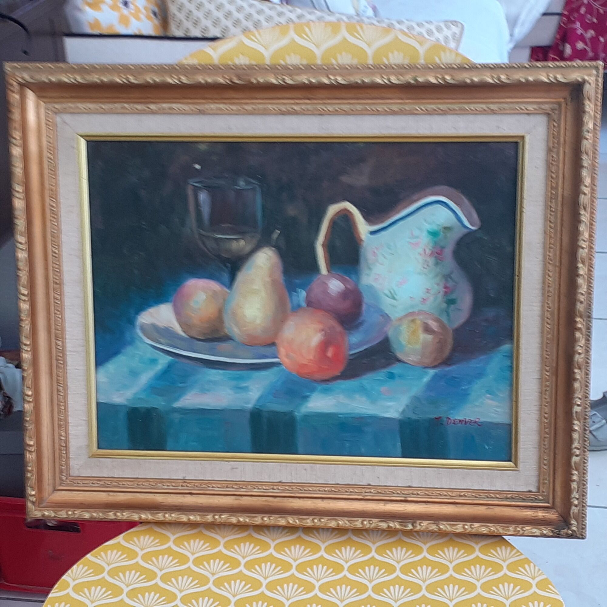 Old painting Still Life. Oil on canvas. Golden frame.T. Denver.