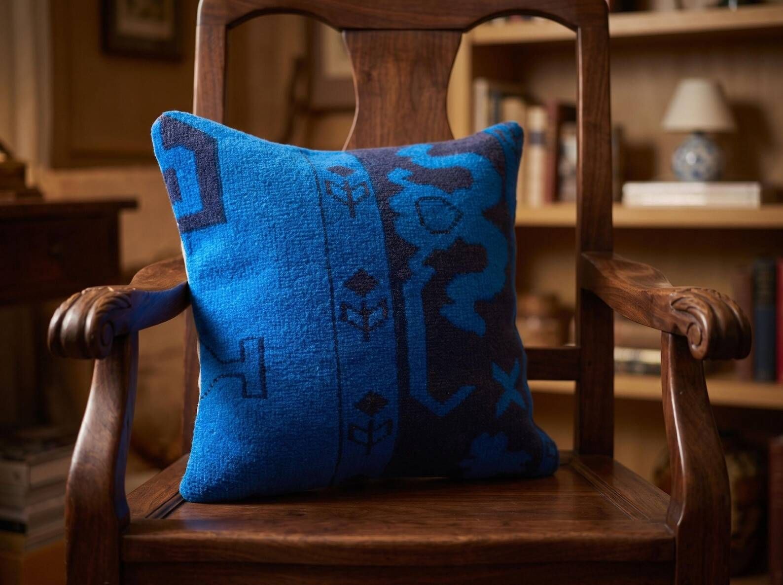 Asymmetric Blue Turkish Rug Pillow, 16x16 Square Wool Cushion Cover