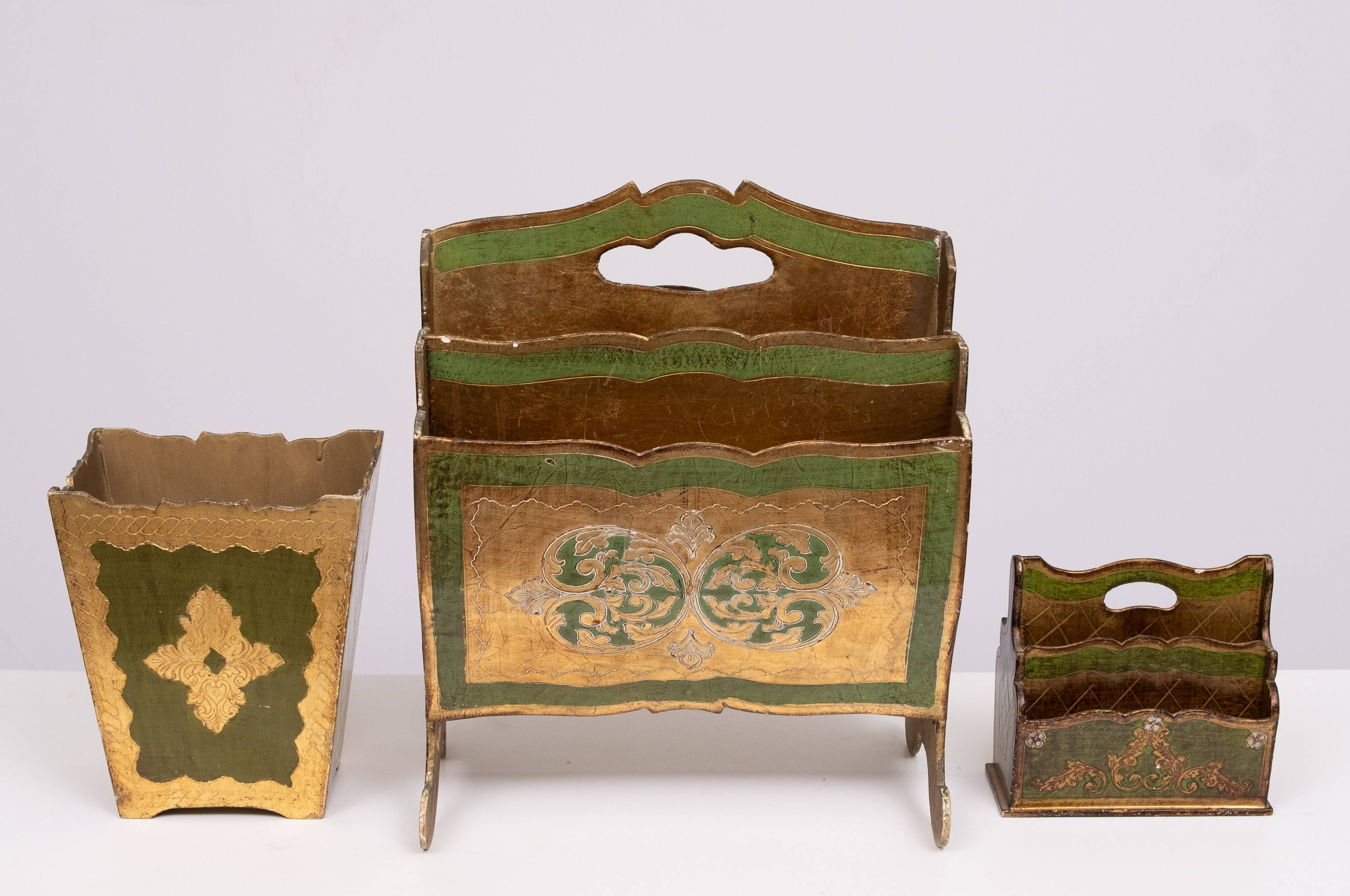 Set of 3 florentine newspaper rack, letter holder, paper basket 1960s italy