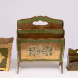 Set of 3 florentine newspaper rack, letter holder, paper basket 1960s italy