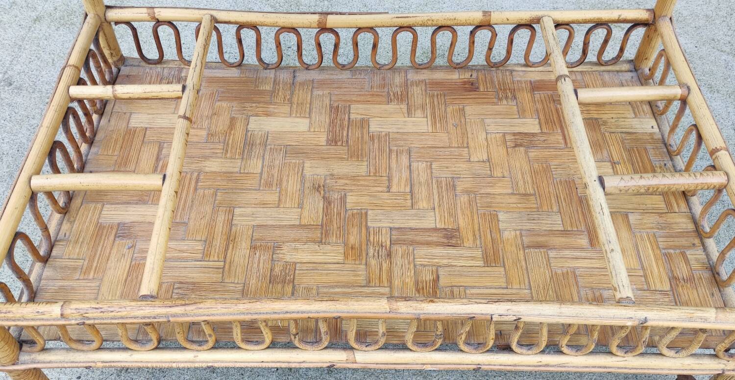 Vintage rattan bar trolley rolling serving cart