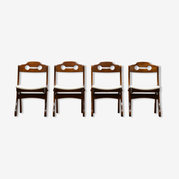 Ensemble de 4 chaises de salle à manger brutalistes en chêne et bouclé, années 70