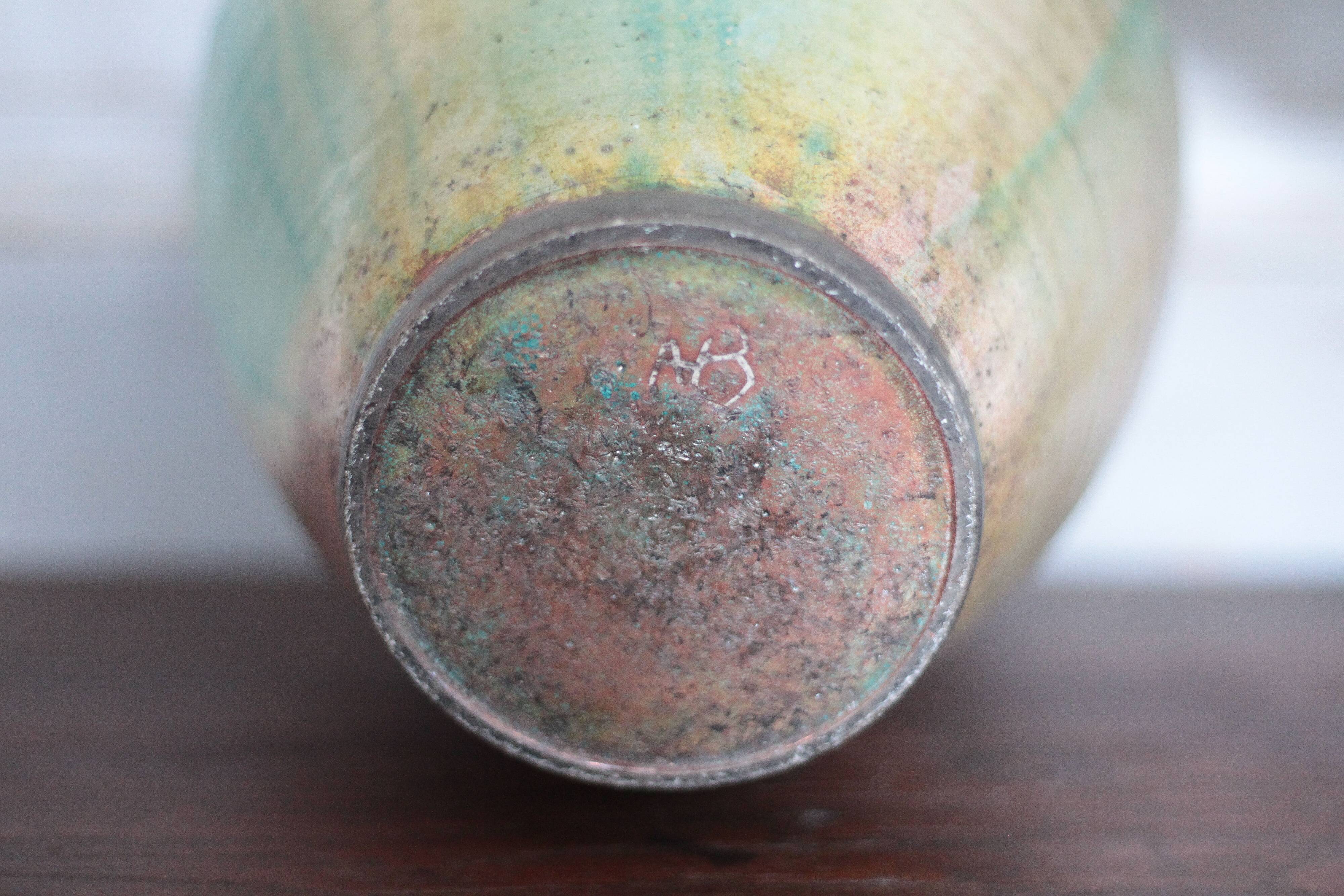 Glazed green ceramic vase signed AB, pottery, flower pot, vase.