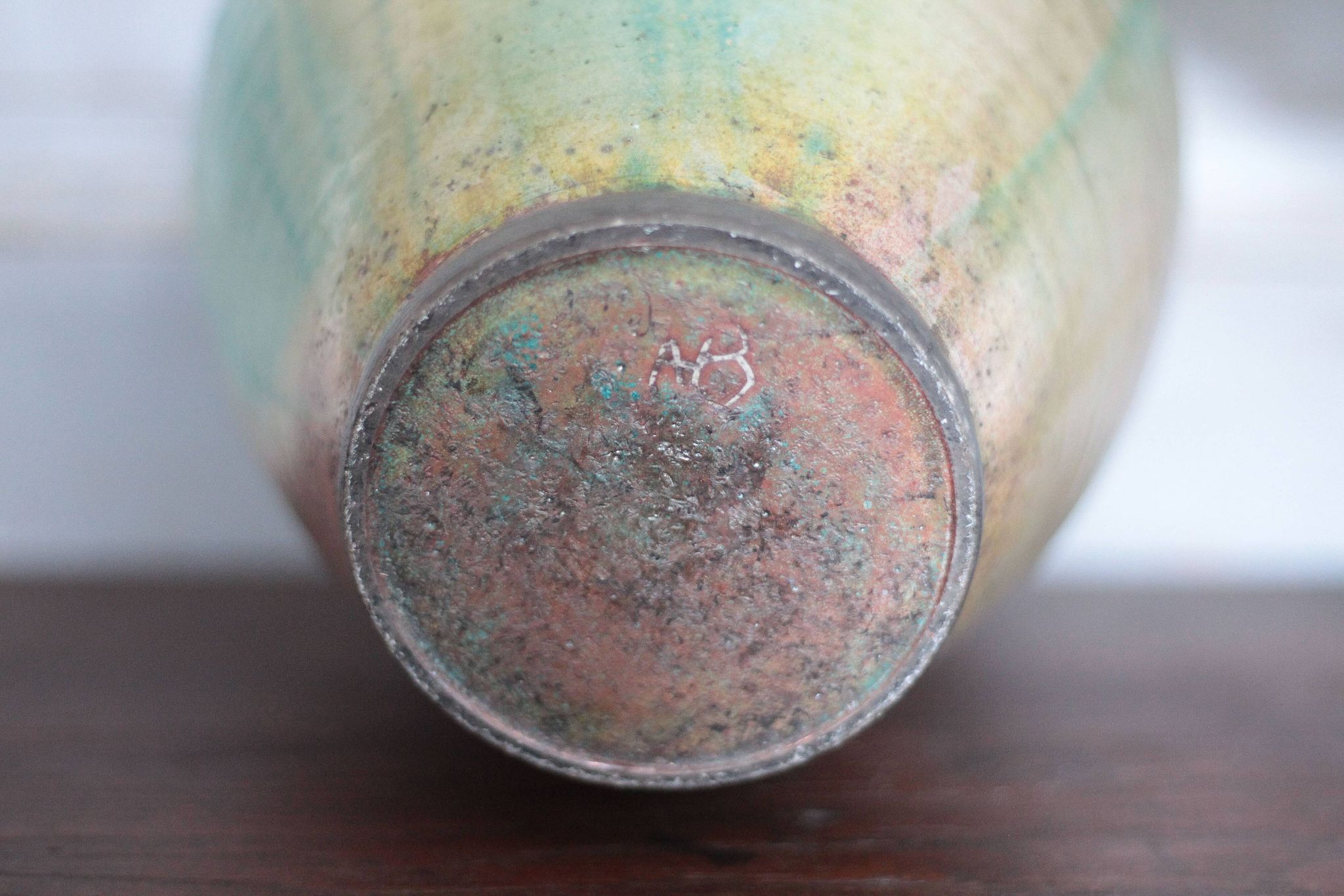 Glazed green ceramic vase signed AB, pottery, flower pot, vase.