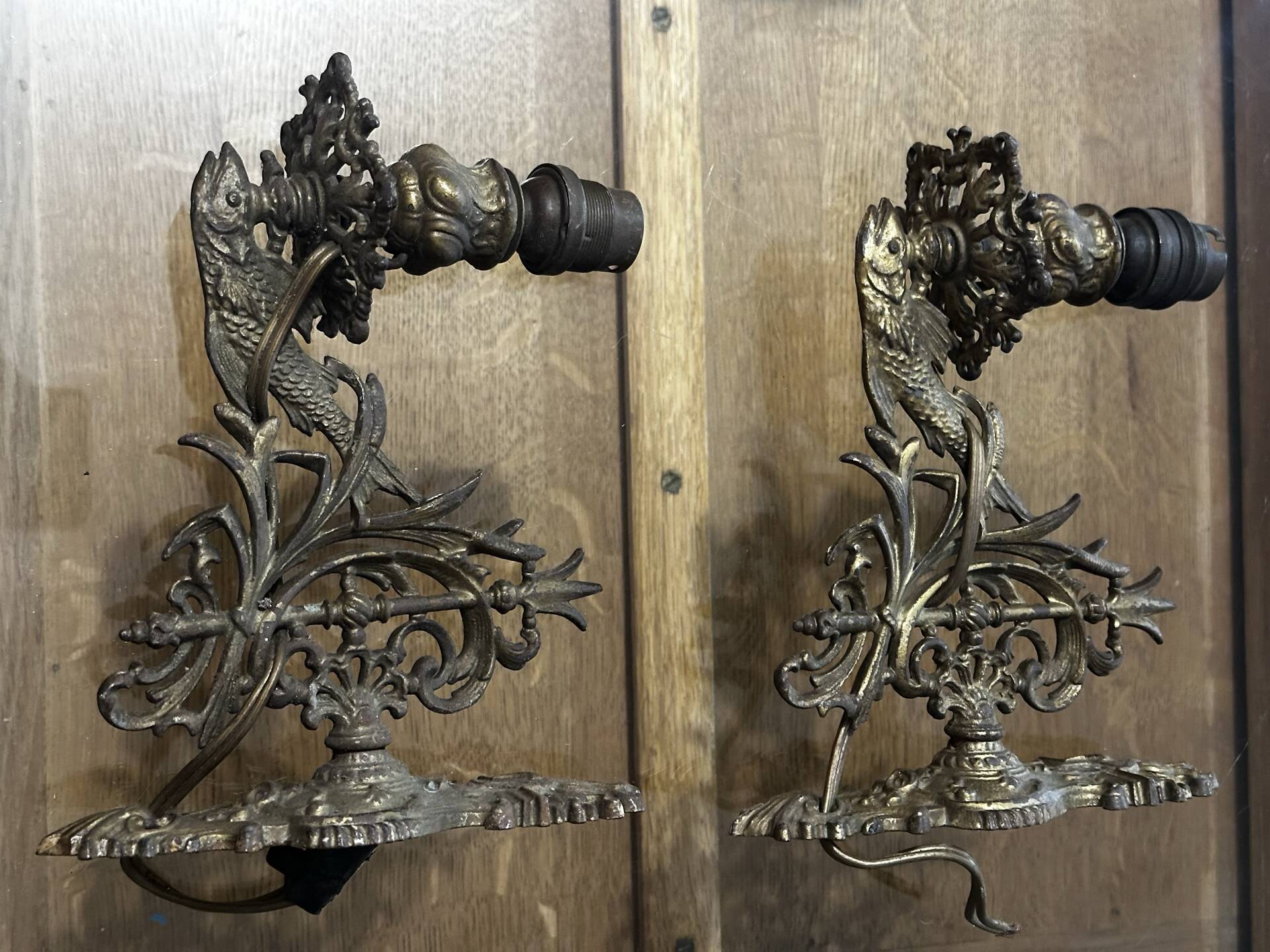 Pair of naturalistic wall sconces with fish circa 1900
